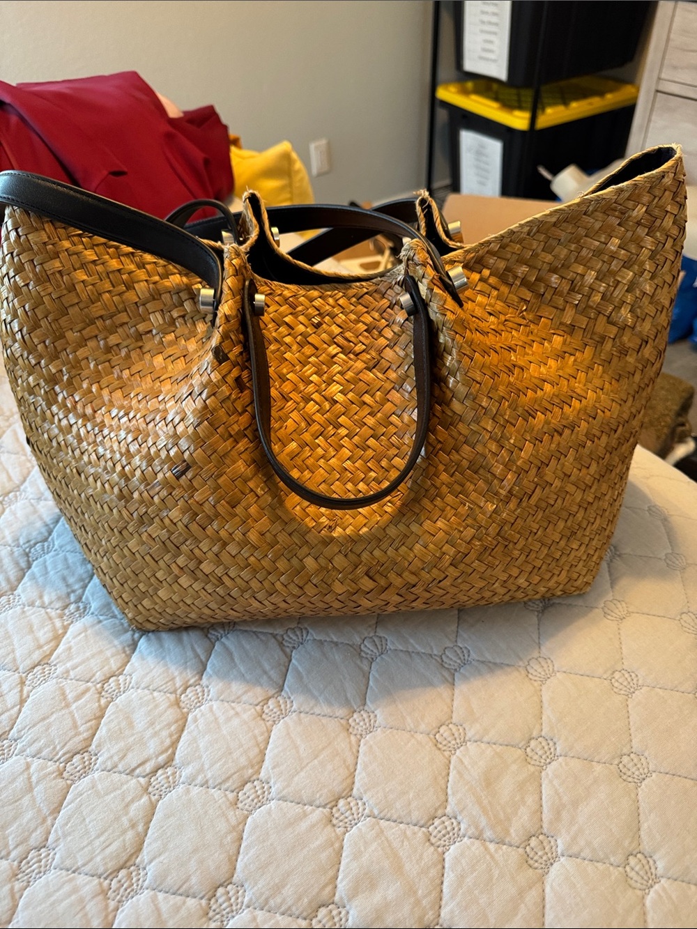All Saints Woven Straw Tote Bag with brown Trim - Brown